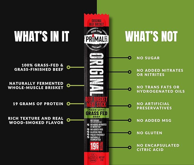 Primal Eats Original 100% Grass Fed Beef Brisket Meat Sticks 3oz 10-Pack - 19g Lean Meat Protein Keto Paleo Carnivore Gluten Free Zero Sugar Beef Jerky Snack Stick