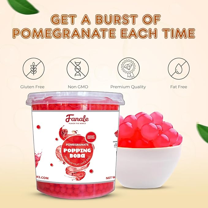 Fanale Pomegranate Popping Boba Pearls Vegan Non GMO Gluten Free Fat Free Perfect for Bubble Tea Smoothies Ice Cream Desserts and Beverages.