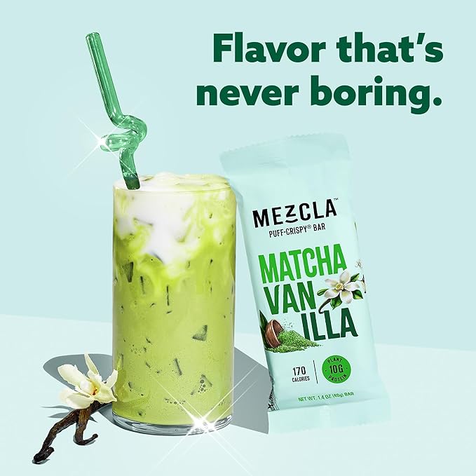 Mezcla Puff-Crispy Plant Based Protein Bars - Matcha Vanilla - Healthy Snacks for Adults &amp Matcha Latte Fans - Best School Travel Office Snacks - Gluten Free Vegan Non GMO 10g Protein - 12 Co