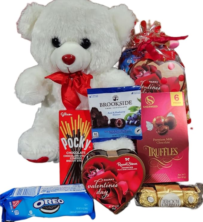 Valentines Day Gift Teddy Bear with Chocolates and Cookies Assortment 10 Inches (white)