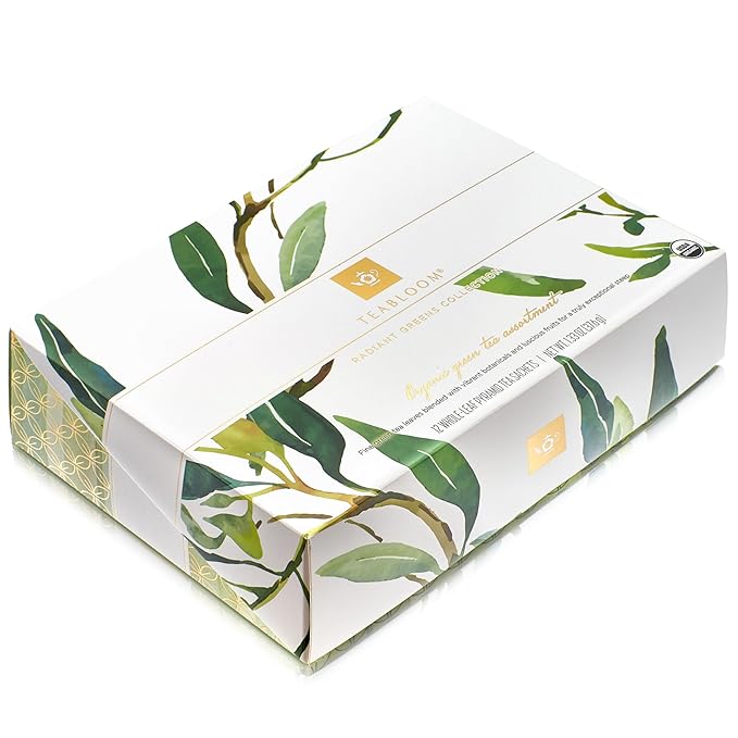 Teabloom Radiant Greens – Organic Green Tea Sampler with 12 Plant-Based Pyramid Sachets Jasmine Pearls Minted Mango Peach &amp Pineapple Ginger Gift-Ready Presentation Box for Tea Lovers