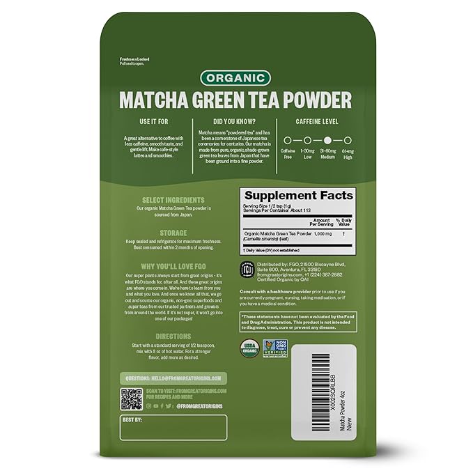 FGO Organic Matcha Green Tea Powder Japanese Culinary Grade for Cooking Baking and Smoothies 4 Ounce Resealable Bag Packaging May Vary (Pack of 1)