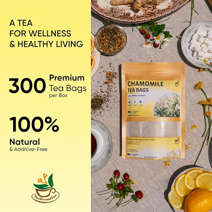 TeaDeam Tea Chamomile Tea Bags | Caffeine-Free &amp Sleep Time Tea | Chamomile Flowers Aroma - For Relieving Stress | Brew Hot Or Iced | 300 Tea Bags