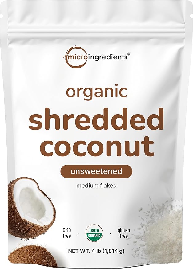 Organic Shredded Coconut Flakes 4lbs | Raw Unsweetened Flavor Medium Sized | Great for Baking Smoothies or Garnish | Non-GMO Sugar Free Keto Friendly
