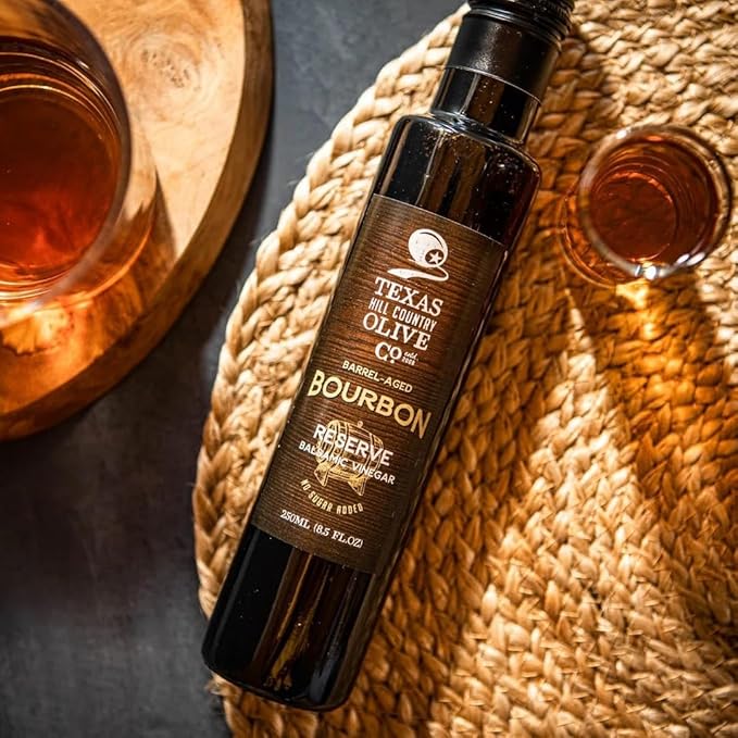 Bourbon Reserve Balsamic Vinegar - Gourmet Barrel Aged Infused Balsamic Vinegar - Great for Dressing Dipping Glazing - No Artificial Flavors or Added Sugar - Made in Texas (8.5 oz)