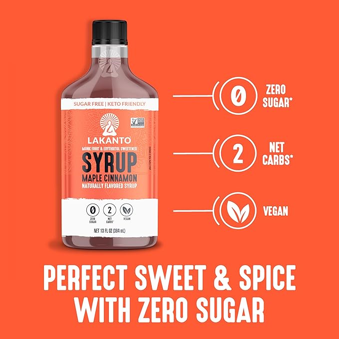 Lakanto Sugar Free Cinnamon Maple Syrup - Monk Fruit Sweetener Keto Diet Friendly Vegan 2g Net Carbs Pancakes Waffles Oatmeal Coffee Tea Granola Frosting Marinade (13 Fl Oz - Pack of 1)