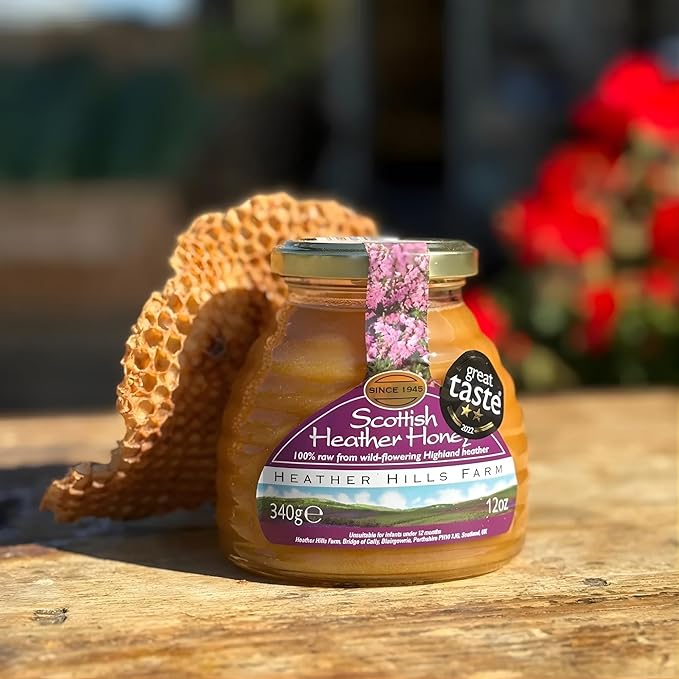 Heather Hills Farm Raw Scottish Heather Honey Jar 340g (12oz) - Highland Wild-flowering Purple Ling Heather Artisanal Pure Natural Honey Traditional British Food Gift &amp Spread Made in Scotland