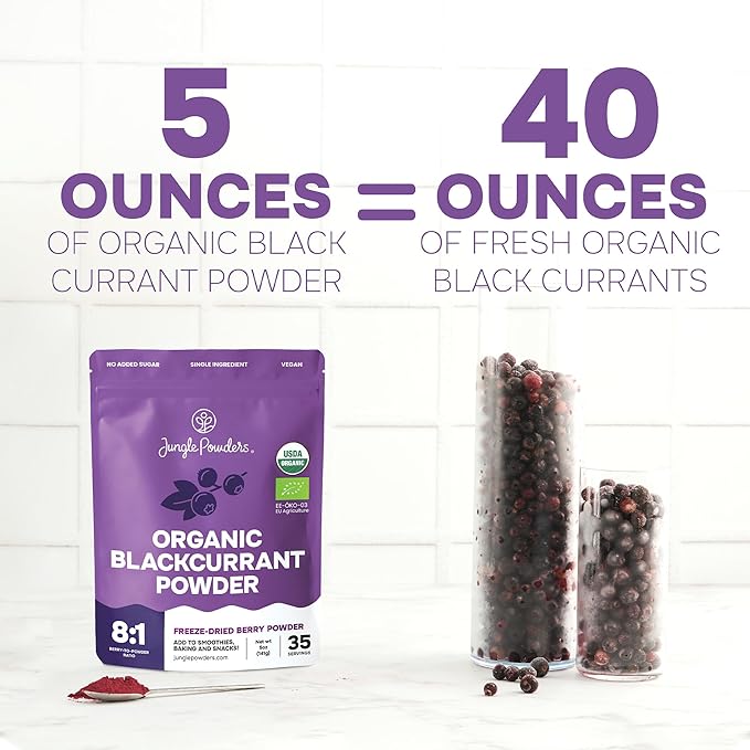 Jungle Powders Black Currant Powder Organic 5 Ounce Bag - USDA Certified Freeze Dried Black Currants for Recovery - Rich In Anthocyanins &amp Polyphenols Blackcurrant Extract for Smoothies Tea Baki