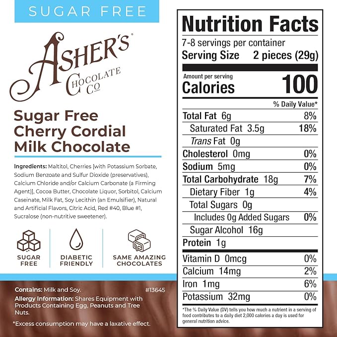 Asher's Chocolates Sugar Free Cherry Cordials Individually Wrapped Cordials Asher's Giftable Box Design Diabetic Friendly Small Batches of Kosher Chocolate Family Owned Since 1892 (8oz Milk Cho