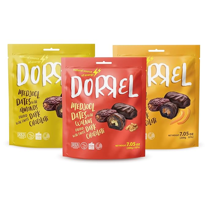 DORREL - Trio Bundle Pack: Belgian Dark Chocolate Covered Dates Medjool with Candied Orange Peels Salted Almonds &amp Walnuts Stuffing High Energy Kosher Non-GMO Vegan Choco Snack Pack of 3 7.05 o