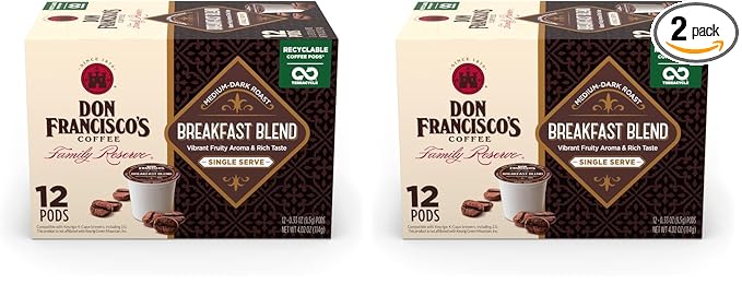 Don Francisco's Breakfast Blend Dark Roast Coffee Pods - 12 Count - Recyclable Single-Serve Coffee Pods Compatible with your K- Cup Keurig Coffee Maker (Pack of 2)