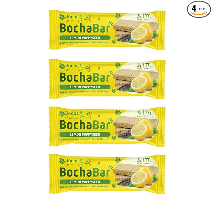BochaSweet Keto Protein Bar Lemon Poppyseed BochaBar 17g Grass Fed Collagen Low Carb Keto-Friendly Gluten Free 4 Count