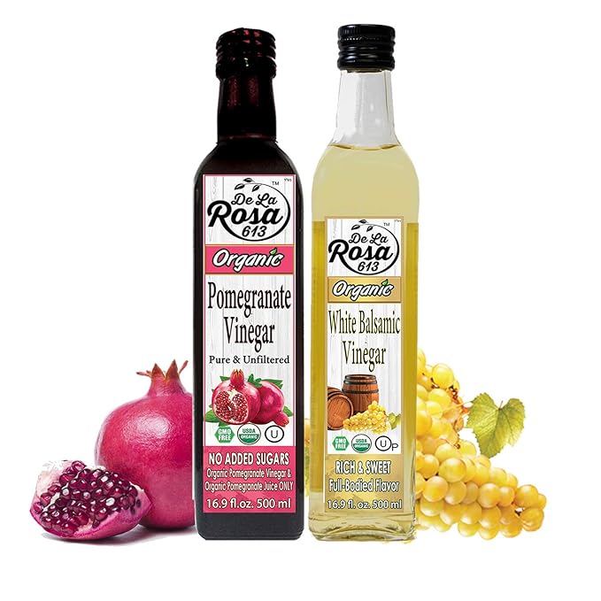 De La Rosa Organic Pomegranate and White Balsamic Vinegar Vegan Kosher Non-GMO &amp Gluten Free Great for Salad Dressings Marinades &amp More 16.9 Oz (Pack of 2)