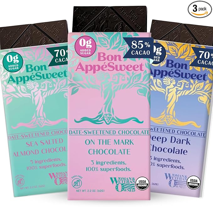 Bon Appesweet Date Sweetened Chocolate Bar - Darker Variety Pack | 2.2 Ounce (Pack of 3) | Organic Zero Added Sugar 70-85% Cacao Plant Based Dairy Free and Guilt Free!