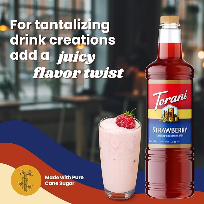 Torani Strawberry Syrup 1 Liter Bottle with Pump – Premium Drink Flavoring Made with Pure Cane Sugar &amp Natural Flavors for Coffee Cocktails Mocktails Lemonades &amp Desserts – Café-Quality Swe