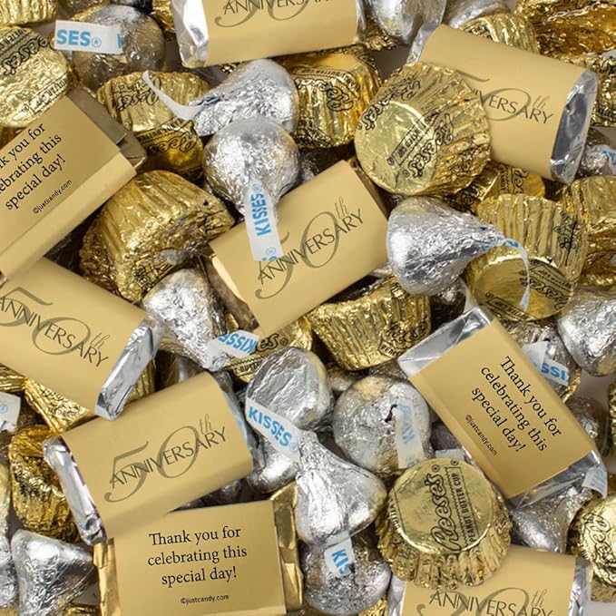 50th Anniversary Bulk Assorted Chocolate Mix Party Favors (1.62lbs 110 Count)- Golden Anniversary Candy with Hershey's Kisses Miniatures &amp Peanut Butter Cups