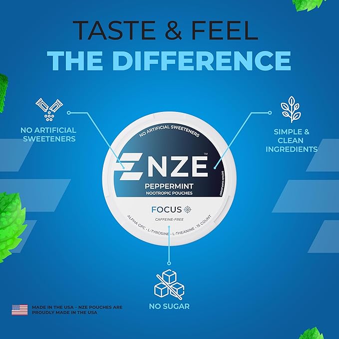 NZE Caffeine Free Nootropic Pouches (Peppermint) - Nootropic Pouches with Alpha GPC L-Tyrosine &amp L-Theanine - No Sugar or Artificial Sweeteners - 15 Nicotine Free Pouches Per Can - 5 Pack