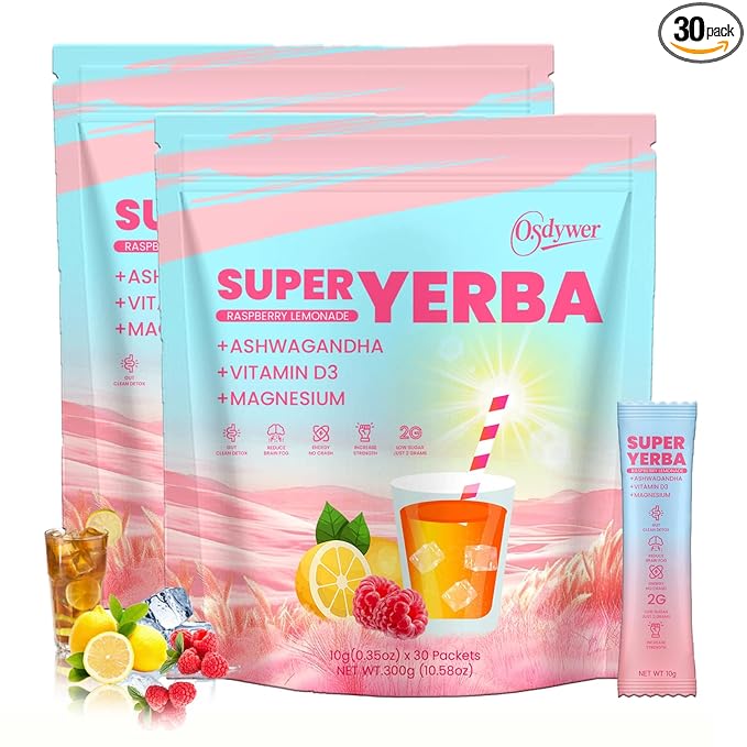 Super Yerba Mate Yerba Mate Instant Tea Powder RASPBERRY LEMONADE Flavor Mate Tea Supplements with Prebiotics and Probiotics - 30 Servings (2)