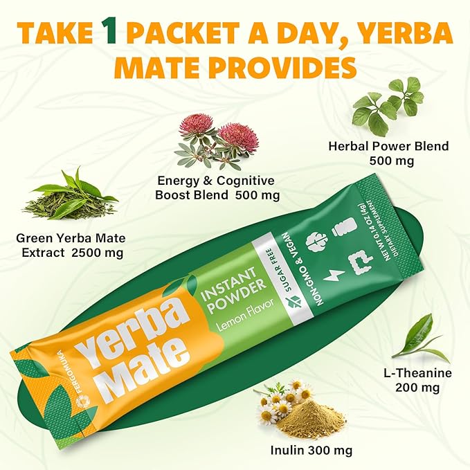 Yerba Mate 4000mg 10 in 1 Super Yerba Mate Tea Instant Powder - No Sugar Clean Energy with No Crash Stay Refreshed and Focused Gut Health with Ginseng Rhodiola Prebiotic L-Theanine 30 Packets