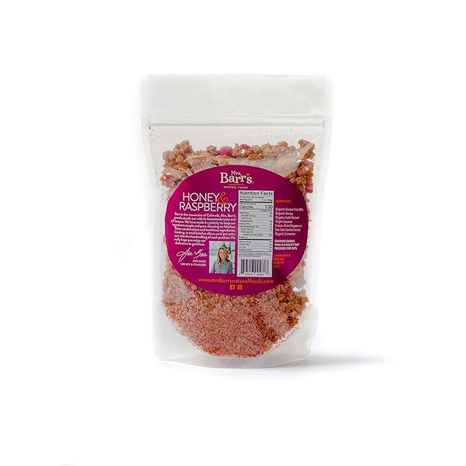 Mrs. Barr’s Natural Foods Granola | Honey &amp Raspberry | Certified Organic Gluten Free Oats | Soft Texture | Small Batch | Gourmet Quality | Real Ingredients | 10 Ounces (3 Pack)
