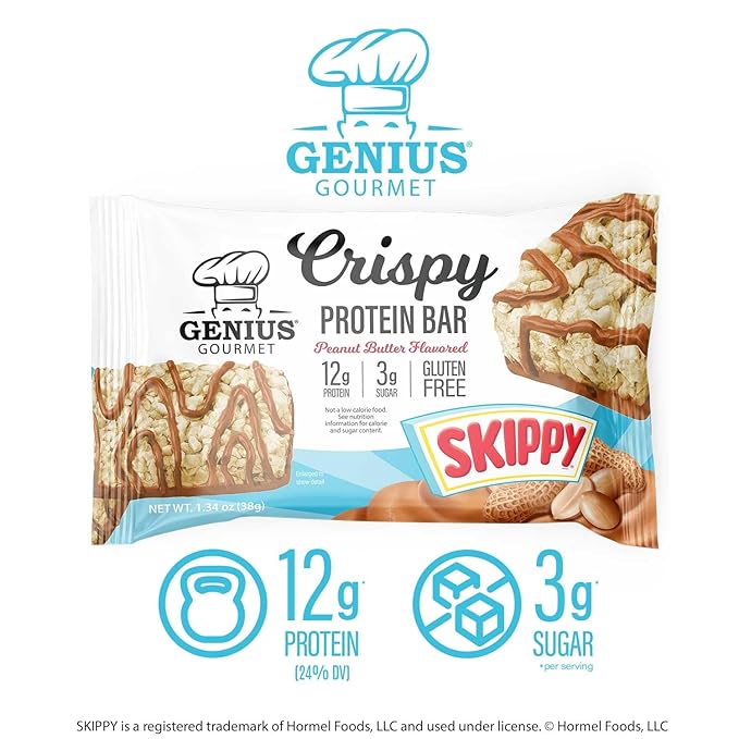 Genius Gourmet SKIPPY® Peanut Butter Flavored Crispy Protein Bars12g Protein per serving (24% DV) 3g Sugar Delicious Snack Bar Gluten Free – 10 Count