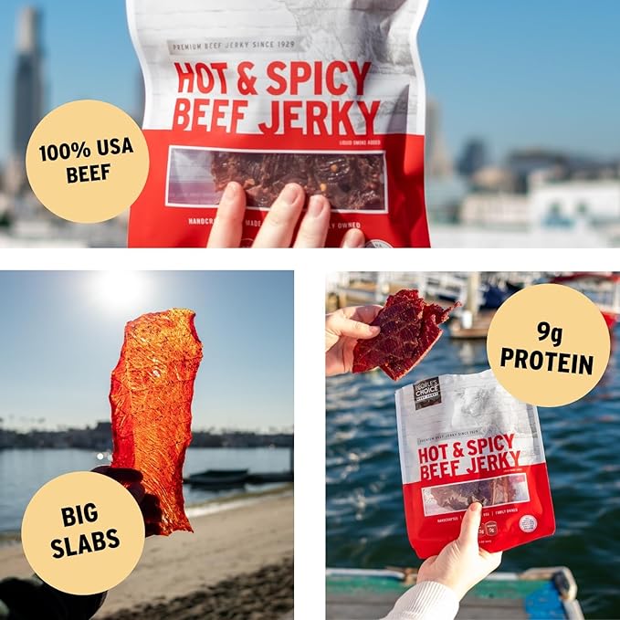 People's Choice Beef Jerky Big Slab - Whole Muscle Thin-Sliced 9g Protein - Hot &amp Spicy 19.2 oz 15 Ct