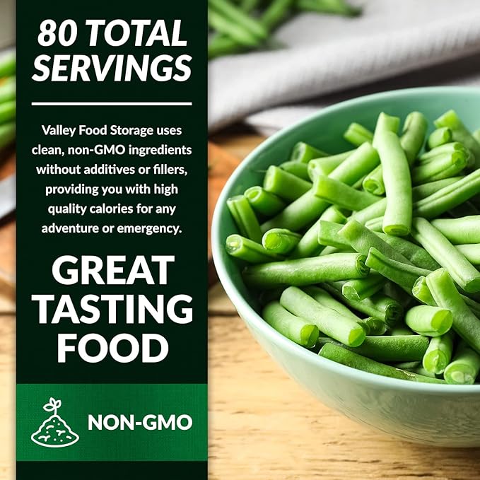 Valley Food Storage Freeze Dried Green Beans | 10-Bag Bucket 28.2 oz | Premium Emergency Food Supply 25 Year Shelf Life | Non-GMO Prepper Food for Camping Cooking &amp Long-Term Storage Packaged