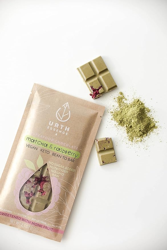 Urth Essence Sugar Free Vegan Chocolate Bars | Keto &amp Dairy Free | Healthy Vegan Gifts | Organic White Chocolate Matcha Raspberry