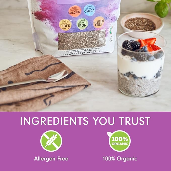 Nature's Intent Organic Chia Seeds - 3lb Bag - USDA Organic Non-GMO Vegan Gluten-Free Kosher Keto &amp Paleo - Good Source of Calcium Omega 3 and Iron - for Salads Yogurt &amp Smoothies