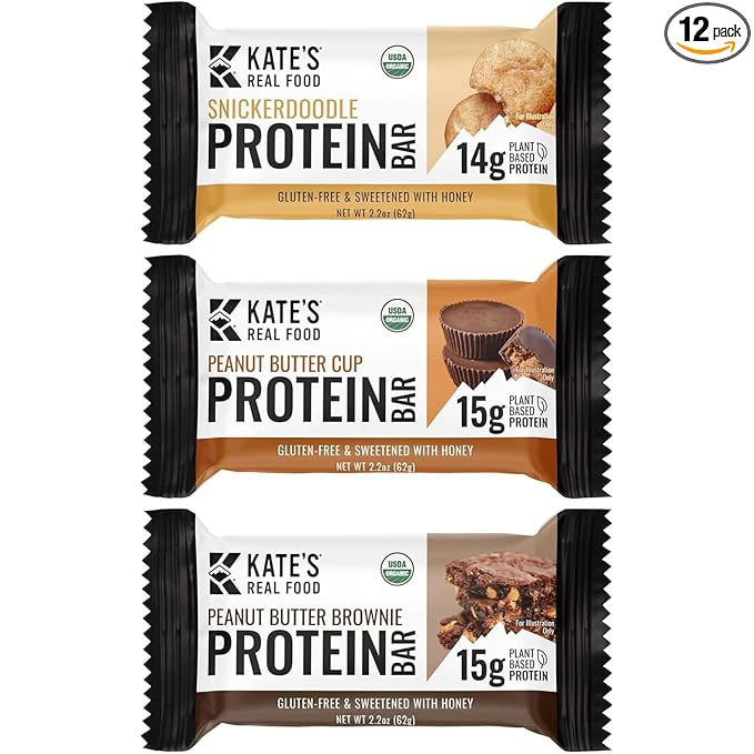 Kate’s Real Food Organic Protein Bars – (Peanut Butter Brownie Snickerdoodle Variety 2.2 oz Pack of 12) – Plant Based Protein Bars - Gluten Free Soy Free Non GMO Whole Grains and All Natural