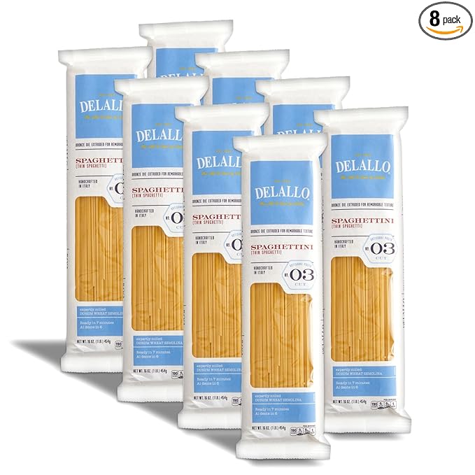 DeLallo Thin Spaghetti Pasta 1 Pound Bag 8 Pack Al Dente Texture Made in Itay Cooks in 9 Minutes Non-GMO Lactose-Free Peanut Free