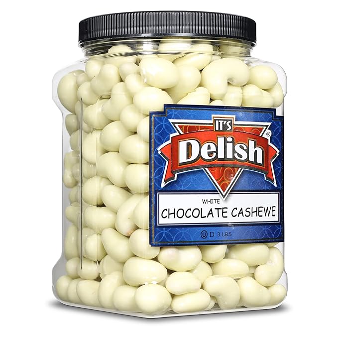 Gourmet White Chocolate Covered Cashews by Its Delish 3 LBS Jumbo Reusable Container | White Milk Chocolate Coated Cashew Nuts Kosher Dairy