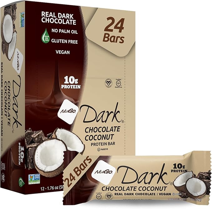 NuGo Dark Chocolate Coconut 10g Protein Bar Vegan Gluten Free Non-GMO Kosher Pareve 24 Count