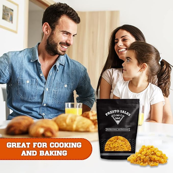 Raisins Crop year 2024 FRESH BRIGHT YELLOW Golden seedless Sun-Dried Naturally Sweet Nutritious Baking Cooking Snacking Garnishing Packed in a 3 lbs. (48 oz.) Resealable bag by Presto Sales