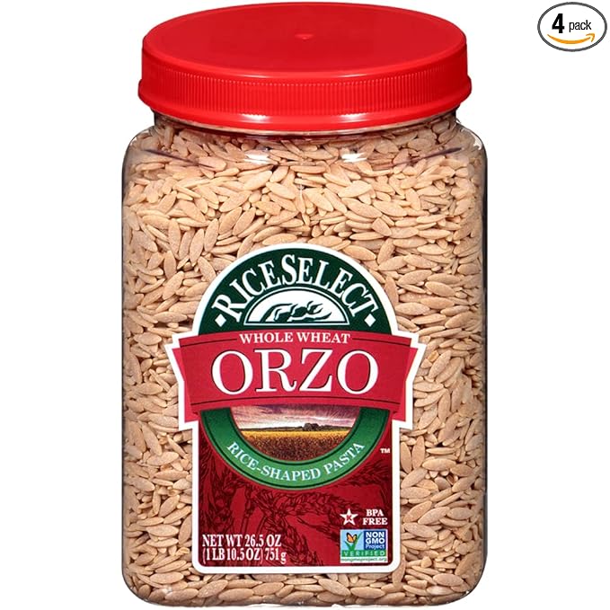 RiceSelect Whole Wheat Orzo Rice-Shaped Pasta Non-GMO Vegan 26.5-Ounce Jars 4-Count
