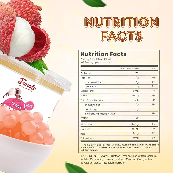 Fanale Lychee Popping Boba Pearls Vegan Non GMO Gluten Free Fat Free Perfect for Bubble Tea Smoothies Ice Cream Desserts and Beverages.