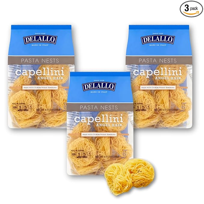 DeLallo Capellini Angel Hair Pasta Nests Made in Italy Made with Durum Wheat Semolina Non-Enriched Flour All Natural Kosher Non-GMO Preservative Free 8.82 oz Bag (3 Pack)