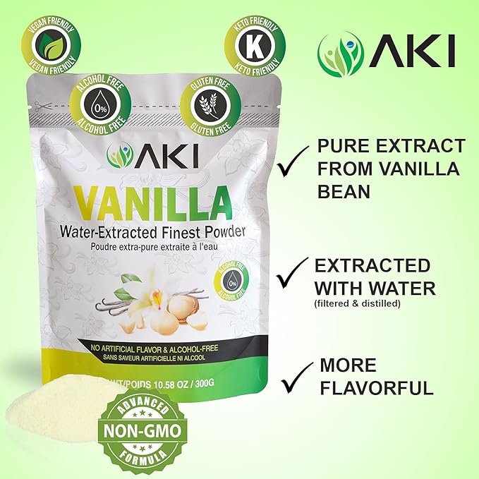 AKI Vanilla Extract Powder from Authentic Beans for Delicious Flavoring Cooking Baking Drinks Tea Coffee Smoothies Cocktails - Sugar-Free &amp Alcohol-Free (10.58OZ/300g)