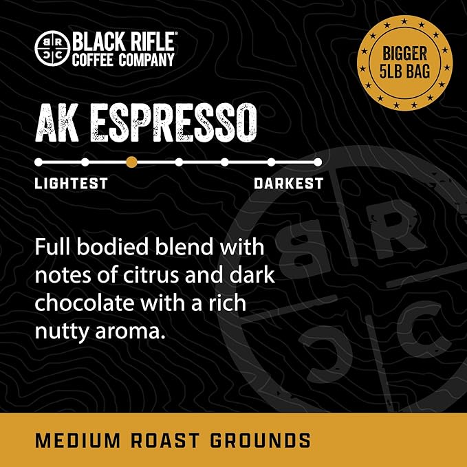 Black Rifle Coffee Company AK Espresso 5 lb Bag Ground Coffee Medium Roast - Roasted Blend Made from Arabica Beans - Colombian &amp Brazilian Beans - Veteran Founded &amp American Made