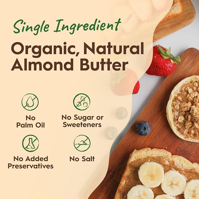 Once Again Creamy Organic Almond Butter No Sugar Lightly Toasted - Single Ingredient Nut Butter No Palm Oil No Salt - Glass Jar Non-GMO Gluten Free Vegan (6-Pack 16 oz Glass Jars)