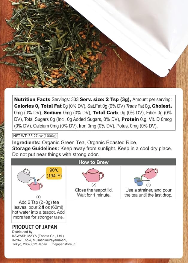Kawashimaya Organic Genmaicha 35.27 oz (1000g) - Japanese Green Tea with Roasted Brown Rice Loose Leaf Made in Japan