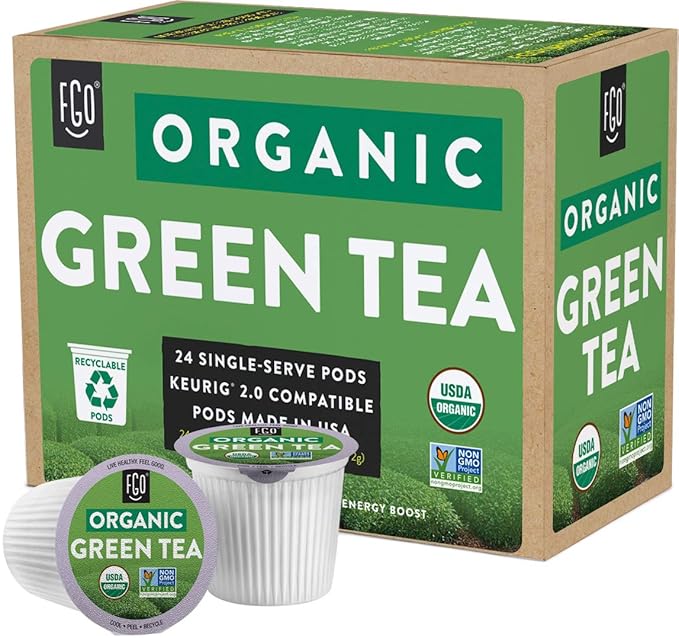 FGO Organic Green Tea K-Cup Pods for Keurig 24 Count (Pack of 1) Premium Green Tea is USDA Organic Non-GMO &amp Recyclable with Naturally Occurring Caffeine