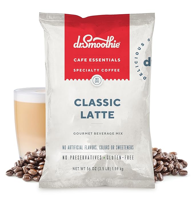 Dr. Smoothie Café Essentials Classic Latte – No Artificial Colors Flavors Sweeteners – Shelf Stable – 155mg of Caffeine per Serving – Great for Hot Iced &amp Frozen Frappes (3.5 lb Bag 26 Servin