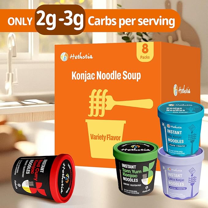 Hethstia High-Protein Ramen Cups &amp Konjac Shirataki Noodle Soup Cups 14 Pack – Pho Spicy Tom Yum Red Curry &amp Laksa Plant-Based Ready-to-Eat Meals