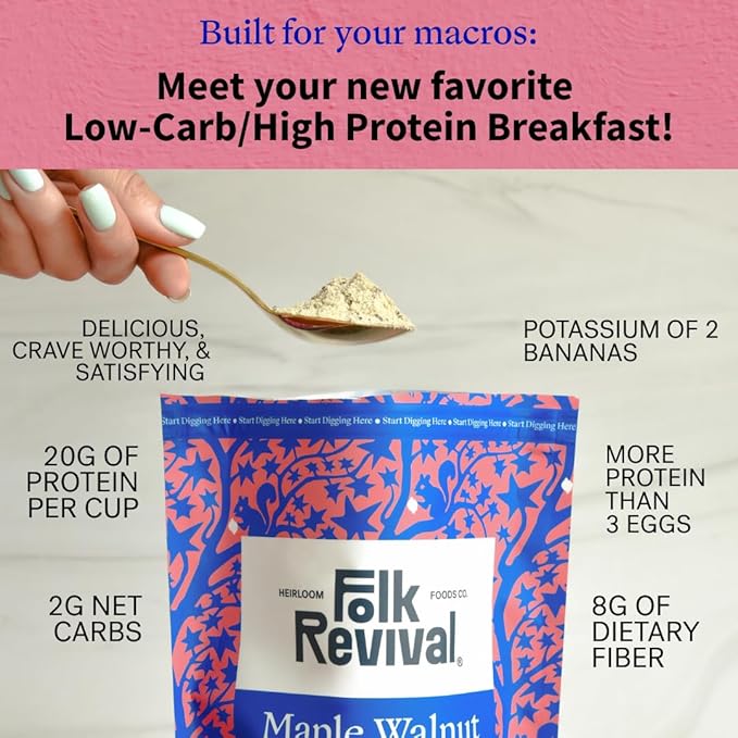 Folk Revival Maple Walnut Keto Instant 'Oatmeal' - 20g Protein 2g Net Carbs High Fiber Non GMO Gluten Free Made with Acorns - 19.4 Oz (550g) - 10 Servings Per Pouch