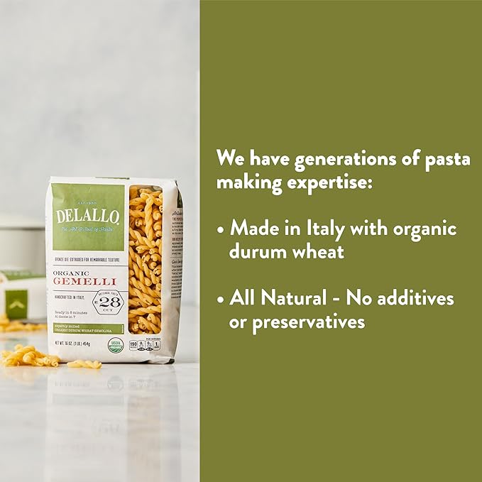 DeLallo Organic Gemelli Pasta Made with 100% Semolina Durum Wheat Flour Bronze Cut Made in Italy Non-GMO Preservative Free Vegan Kosher Twisted Pasta Shape 1 Pound Bag (8 Pack)