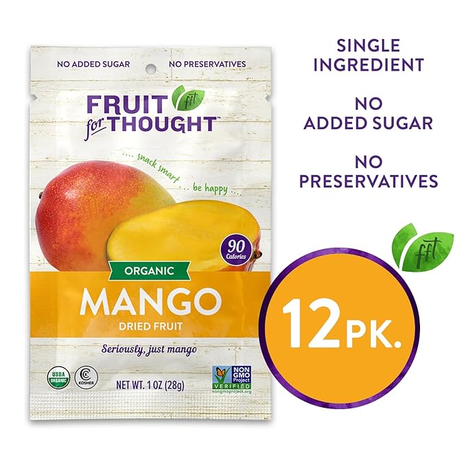 Fruit for Thought Organic Dried Mango | Dried Fruit Snack Packs Ideal for the Family | No Sugar Added | At Home Work or On the Go | 1 Ounce Bags Pack of 12