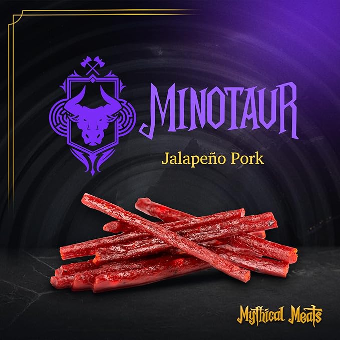 Mythical Meats Humanoid Flavor Minotaur 12-Pack Snack Sticks – Jalapeno Pork – Dried &amp Dehydrated Meats Seasoned to Perfection – High Protein Snacks