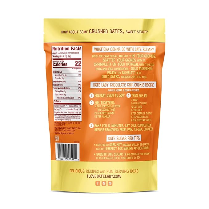 Date Lady Date Sugar (2) 12oz Bags Organic | Vegan Paleo Gluten-Free &amp Kosher | Sugar Substitute and Alternative Sweetener for Baking | Will Not Dissolve in Your Coffee (1.5lbs Total)