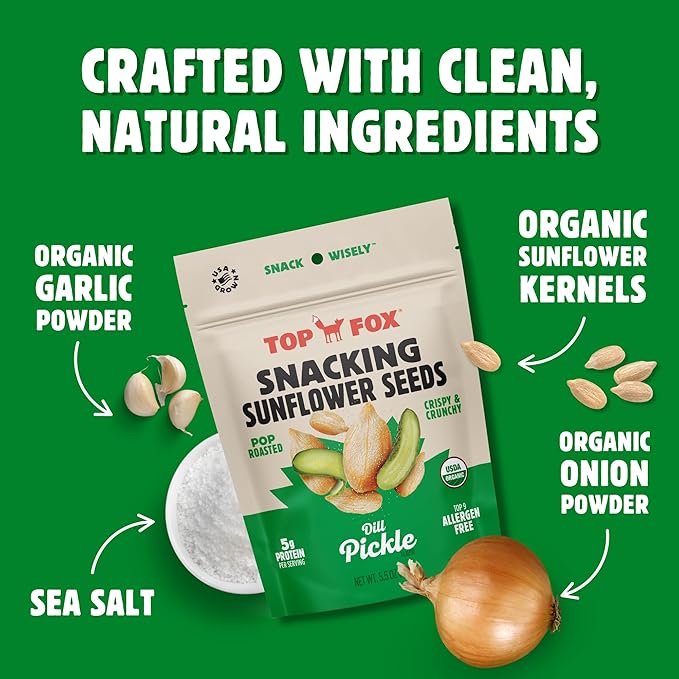 Top Fox Snacks Dill Pickle Sunflower Seeds To Eat (5.5 oz Pack of 6) – Keto Friendly Snacks Allergen Free Snacks Gluten Free Snacks Protein Snacks Keto Snacks Paleo &amp Vegan - Organic